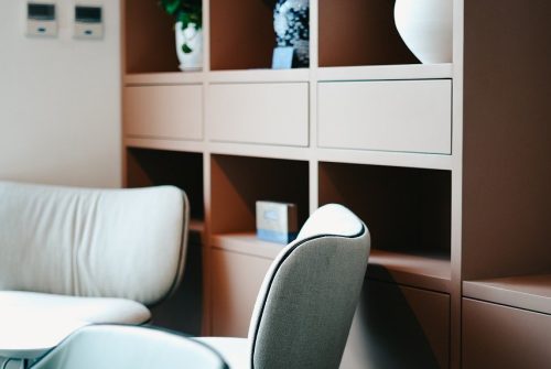 hotel, chair, shelves